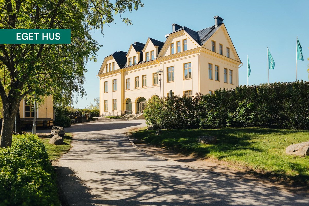 Fastigheten sedd från entrésidan med gångväg och grönska.